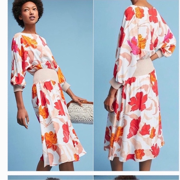 Maeve by Anthropologi boho summer Floral Print Dress with Red and Orange Accents - Picture 3 of 6